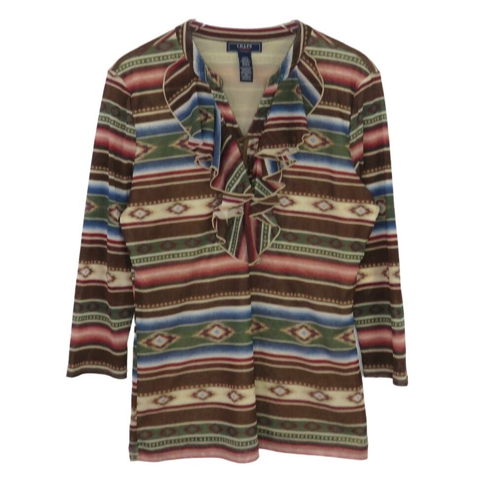 1990s Vintage Chaps Western Southwestern Ruffle Blouse Large Western Brown Top